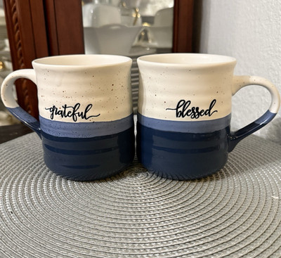 Dowan Blue White Ceramic Coffee Mug Set 2 12 fl oz Blessed Grateful