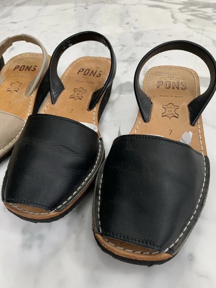 (2 Pair) Pons Classic Leather Avarcas Slingback Sandals Shoes Sz 7 Black / Tan - Image 2 of 4