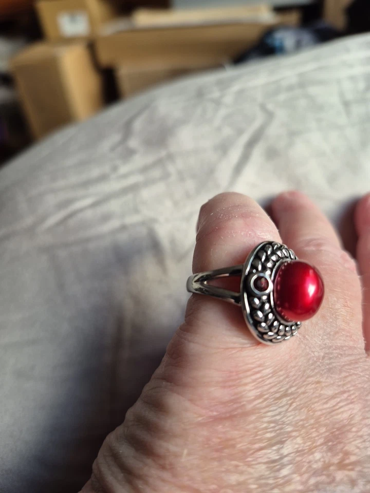Honora 樱桃珍珠红色石榴石戒指纯银 5 码 — 第 3/4 张图片
