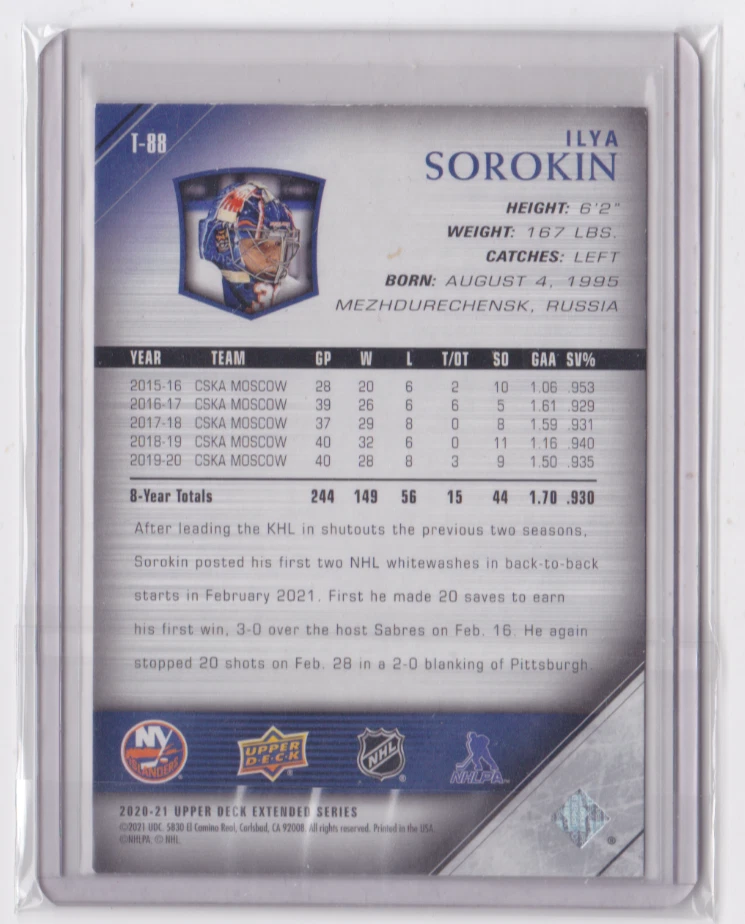2020-21 UD EXTENDED SERIES RETRO YOUNG GUNS INSERT ILYA SOROKIN #T-88 ISLANDERS - Image 2 of 2
