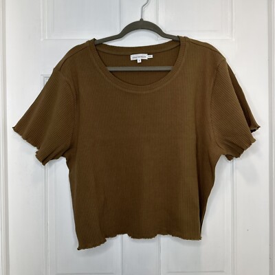Good American Essential Rib Lettuce Edge Baby Tee in Sephia - Size 7 (4XL) NWOT