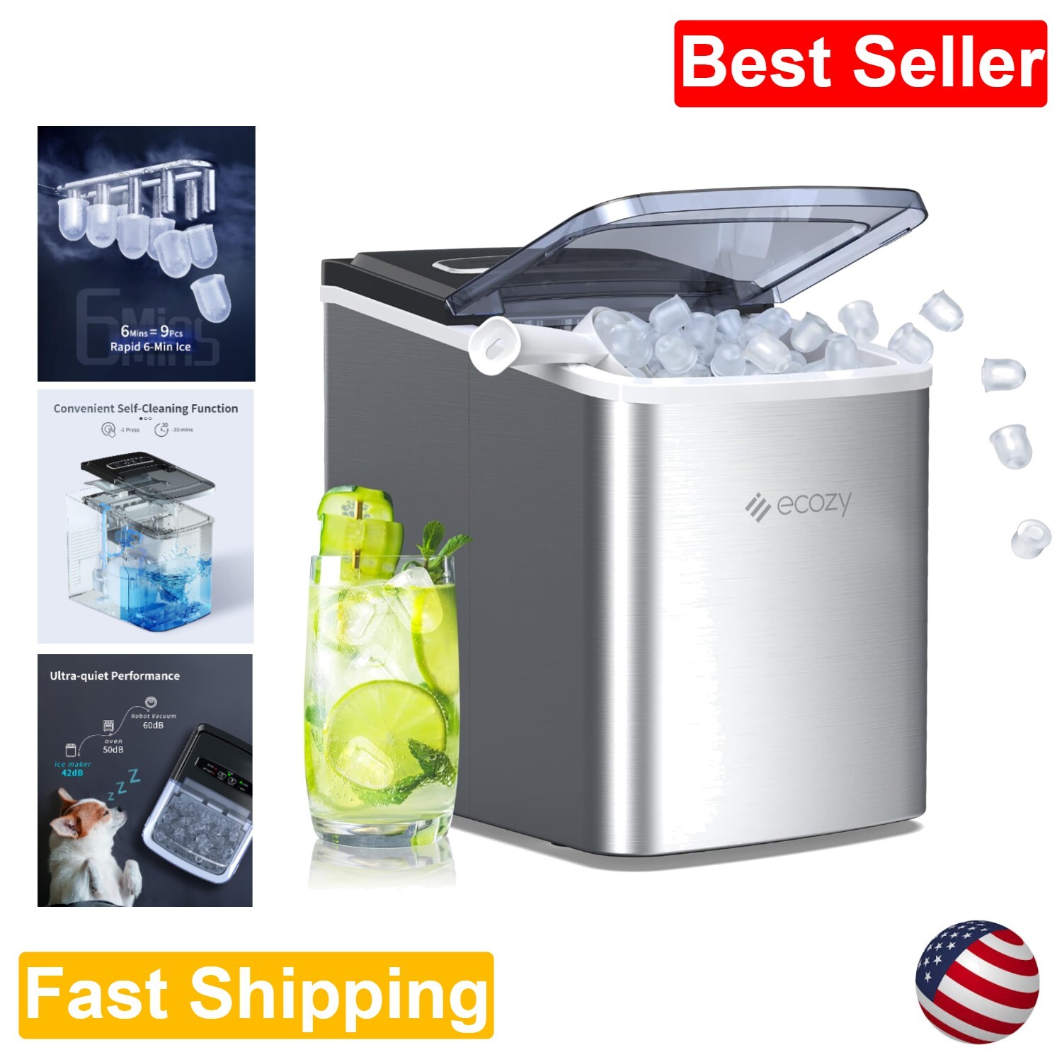 Portable Ice Maker Countertop: 6-Minute Ice, 26 lbs/Day - Self-Cleaning, Silver-image