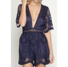 She + Sky Mesh Lace Floral V-neck Romper Size Small Retails $150