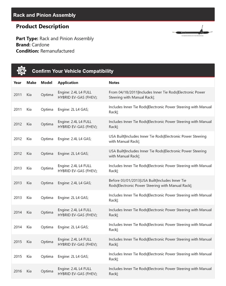 Conjunto de piñón y cremallera Cardone para Kia Optima 2011-2016 2012 2013 2014 2015 Foto 2 de 4