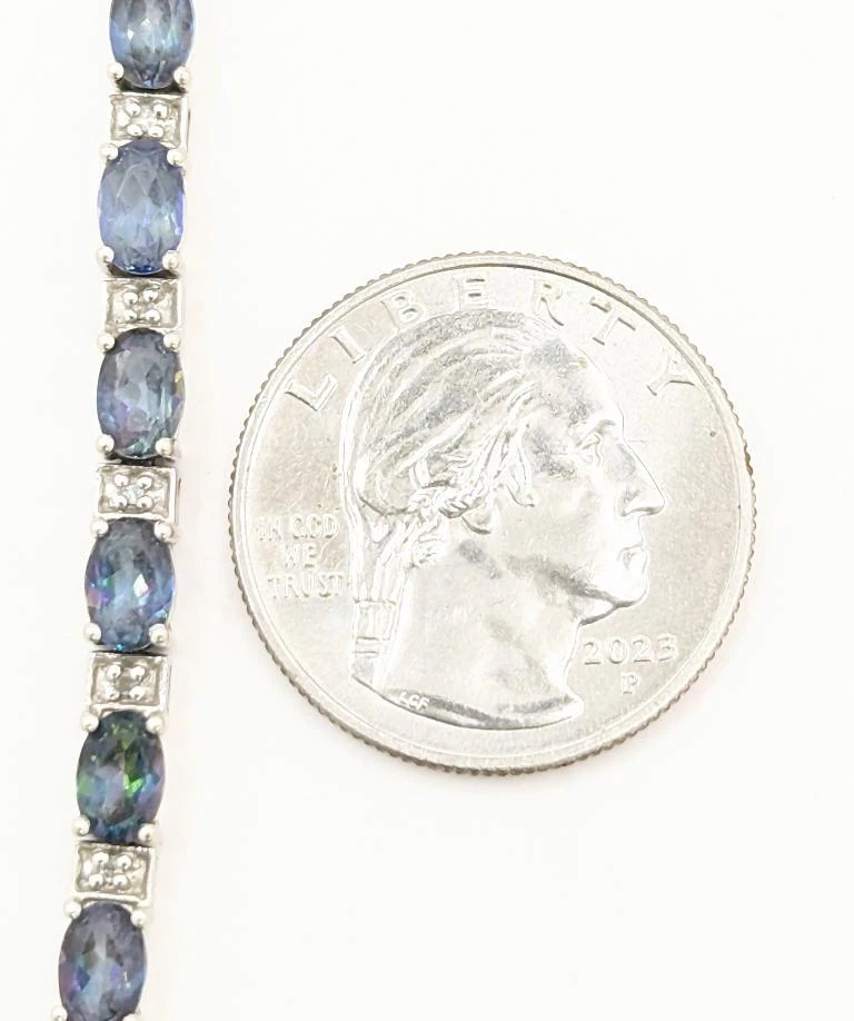 7" 10K Solid White Gold 9.4g Blue Mystic Topaz & Diamond Tennis Chain Bracelet - Image 3 of 4