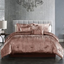 Solid Blush Pink Crinkled Velvet 7 pc Comforter Set Queen King Glam Bedding WOW