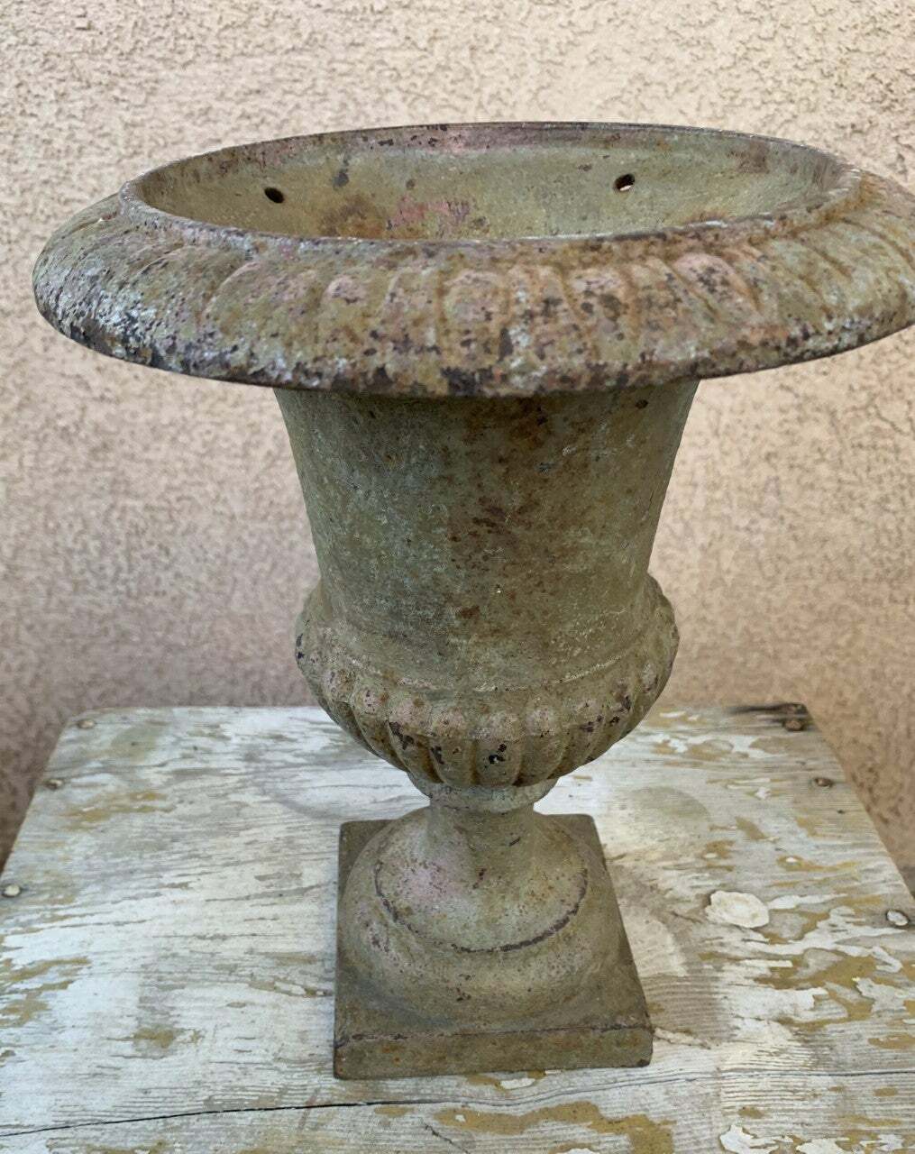 Antique French Cast Iron Vase Garden Urn Médicis Style, 10" Tall Overall, Heavy 