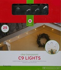 25 Clear Transparent C9 String Lights Green Wire Indoor/Outdoor NIB