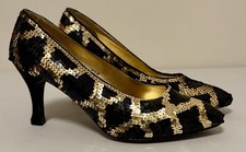 Women  s 1980  s STEFANI Black And Gold Sequin High Heel Pumps Size 9.5 Vintage