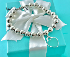 Return To Tiffany  Co 8mm Bead Ball Enamel Heart Tag 7.25" Bracelet Silver wBOX