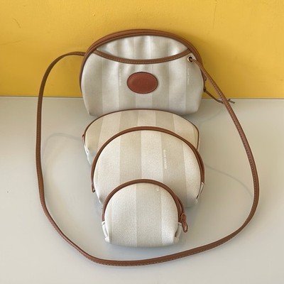 Allan Edwards White Striped Brown Leather Trim Cosmetic Coin Shoulder Bag Set 4