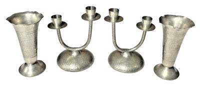 TFK Banka-Tinwerk Pewter Art Deco Hand-Hammered Vases and Matching Candlesticks