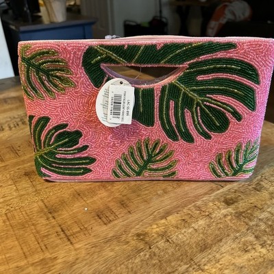 Tropical Palm Leaf Beaded Clutch Bag Pink with green Botanical Handheld Purse