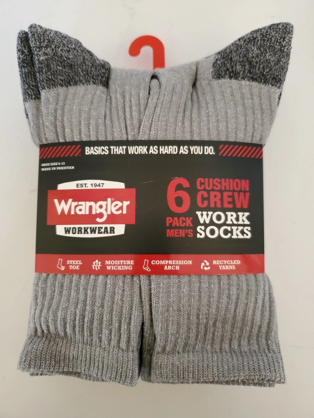 Wrangler Mens Cushion Crew Size 6-12 Gray Work Socks 6 Pair Steel Toe #S2