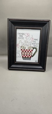 Finished Framed Cross-Stitch Friends Coffee Latte Country Farmhouse Decor READ!