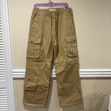 Cotton Beige Cargo Pants Baggy Fit Flat Front Drawstring Button Pockets M