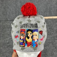 DC Super Hero Girls Beanie Youth Girls Gray Red Pom Knit Hat One Size Girl Power