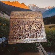 Vintage 80s Hand Carved Wooden Tea Box High E...