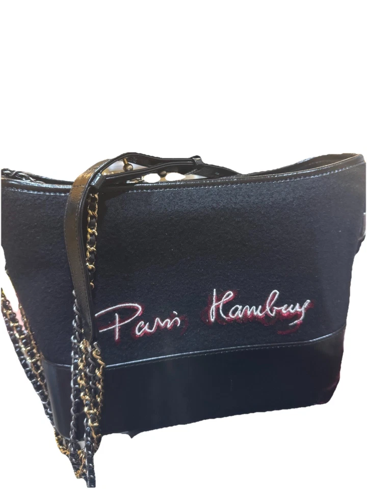 Chanel Calfskin Wool Embroidered Paris Hamburg Small Gabrielle Hobo Black - Image 2 of 4