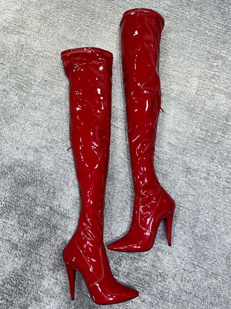 Saint Laurent YSL Aylah 110 Lava Red Patent Thigh High OTK