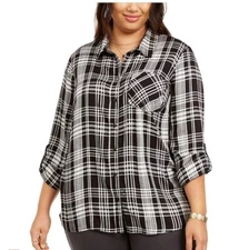 Style & Co Womens Plus 1X Oslo Plaid Black White Collared Utility Top NWT BS28