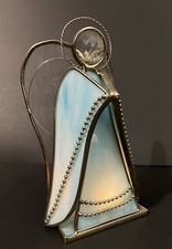 Vntg Stained Glass Blue White Angel Votive Tea Light Candle Holder 7-1/4  Tall