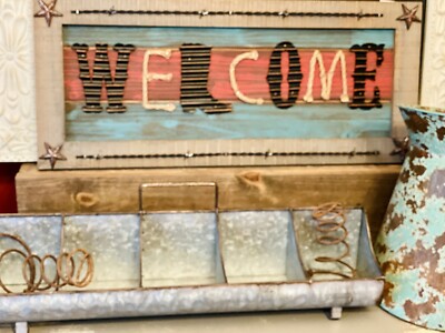 Rustic, Western Cowboy Welcome Wood Frame Hanging Sign Barb Wire/Stars