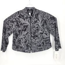 Alex Evenings Women's 20W Embellished Paisley Zip Jacket Black White Sparkle