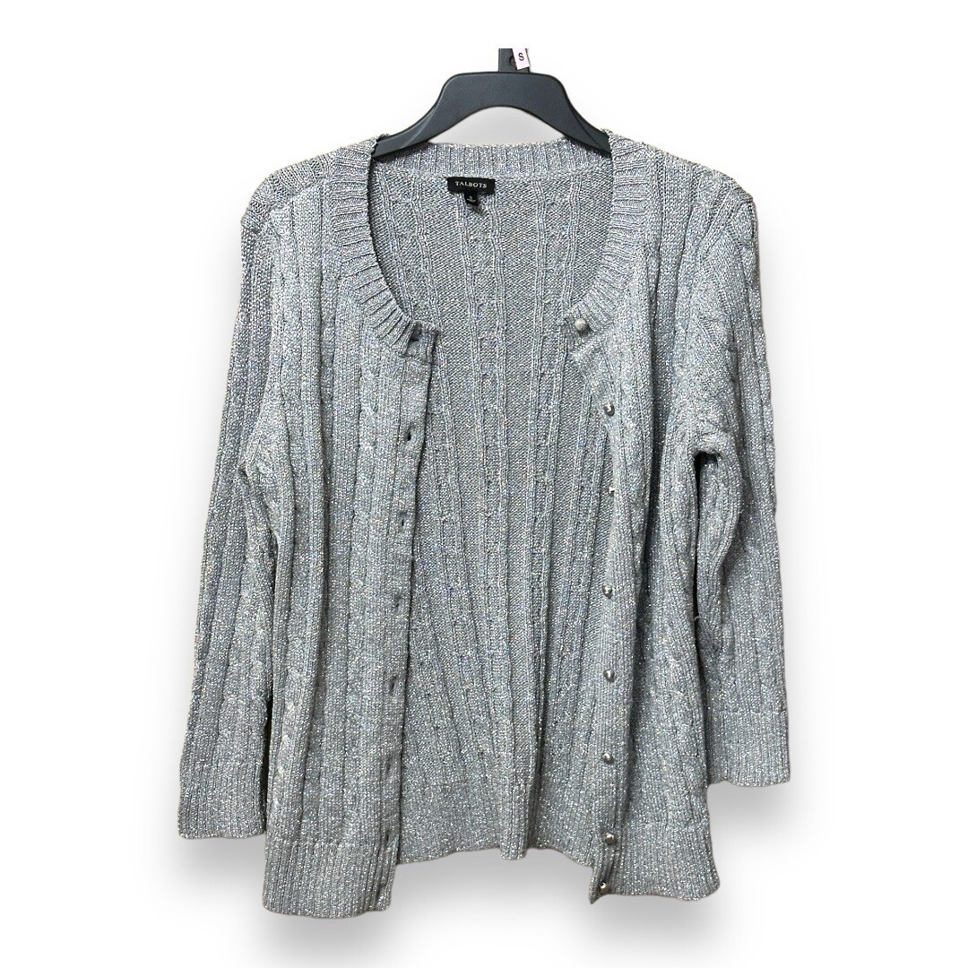 Talbots silver Metallic Shimmer button Front cabl… - image 2