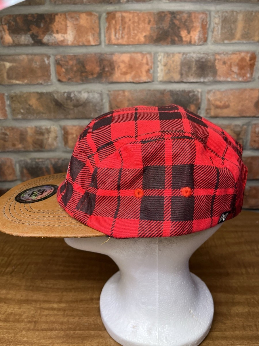 5 Panel Makerware Red Plaid Flannel Leather Bill Buckle Strapback
