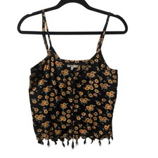 O'Neill Top Women's Small Black Sunflowers Cropped Fringe Shirt Beach Summer M