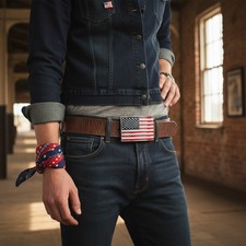 Men Belt Buckle Metal Silver United State America USA Flag Red Blue Soldier Army