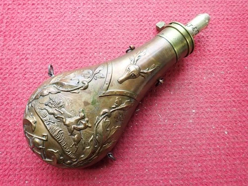 Civil War Era American Flask & Cap Co Brass Powder Flask Indian & Buffalo