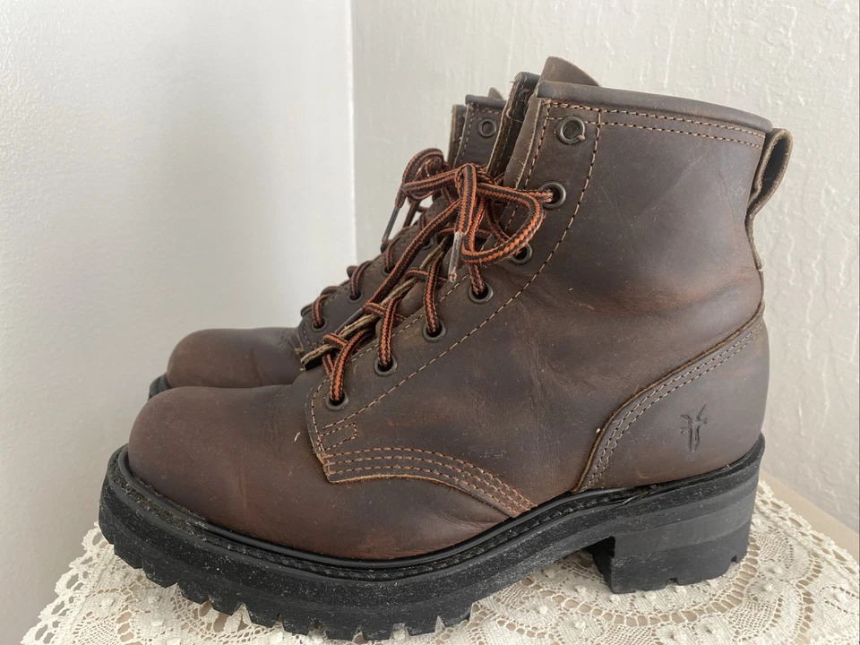 Botas de Leñador de Combate Frye para Mujer Cuero Marrón Gruesas Suela Vibram Con Cordones Talla 9 Foto 2 de 4