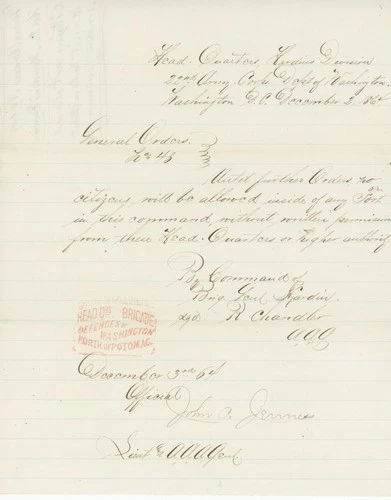 Civil War Handwritten General Orders Document – Washington D.C. 1864