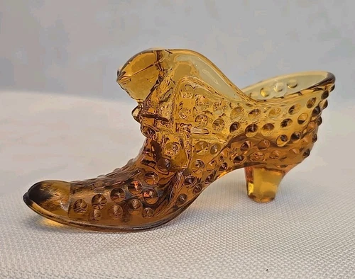 Vintage FENTON Art Glass Amber Hobnail Shoe Slipper with Cat Head