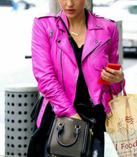 Pink Leather Motorcycle Jacket Women Real Lambskin Moto Biker Cropped Coat