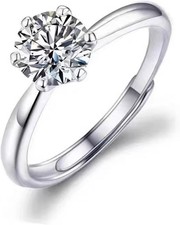 White Gold Plated Adjustable Ring for Women, 1 Carat 6mm Round CZ Solitaire Enga