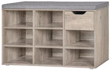 Shoe Bench with Drawer & 8 Cubbies, Adjustable Shelves, Greige Storage Rack