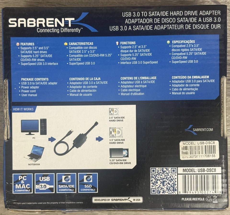 Sabrent Model USB-DSC8, USB 3.0 to SATA/IDE Hard Drive Adapter, PC&MAC, SSD NEW - Image 2 of 4