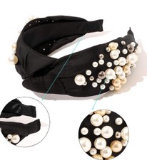 New Black Pearl Headband Knotted Headband For Women Rhinestone Headband Beaded