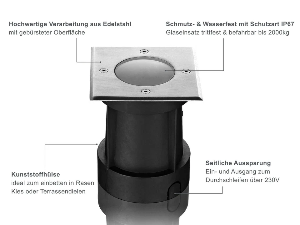 LED Bodeneinbaustrahler Außen IP67 - GU10 230V Bodenstrahler Gartenleuchte Eckig - Bild 3 von 4