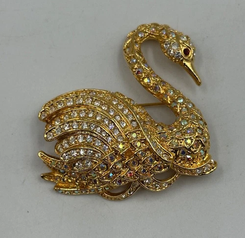 Vtg Nolan Miller Swan Brooch Gold Tone Rhinestone Signed Costume Jewelry READ