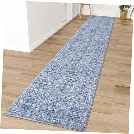 2.6x16 ft Blue Washable Kitchen Runner Rug in Blue and White