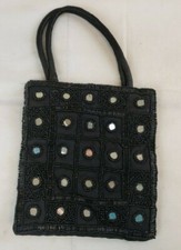 Vintage Womens' Beaded Had Bag Black With Black Beading Mirror Dots A32