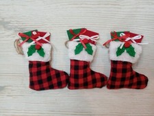 New Set of 3 Christmas Ornaments "STOCKINGS" Red Buffalo Plaid Fabric Felt Gifts