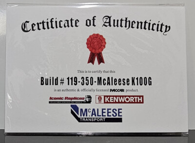 New 1:50 Kenworth K100G McAleese Certificate & Plaque #119