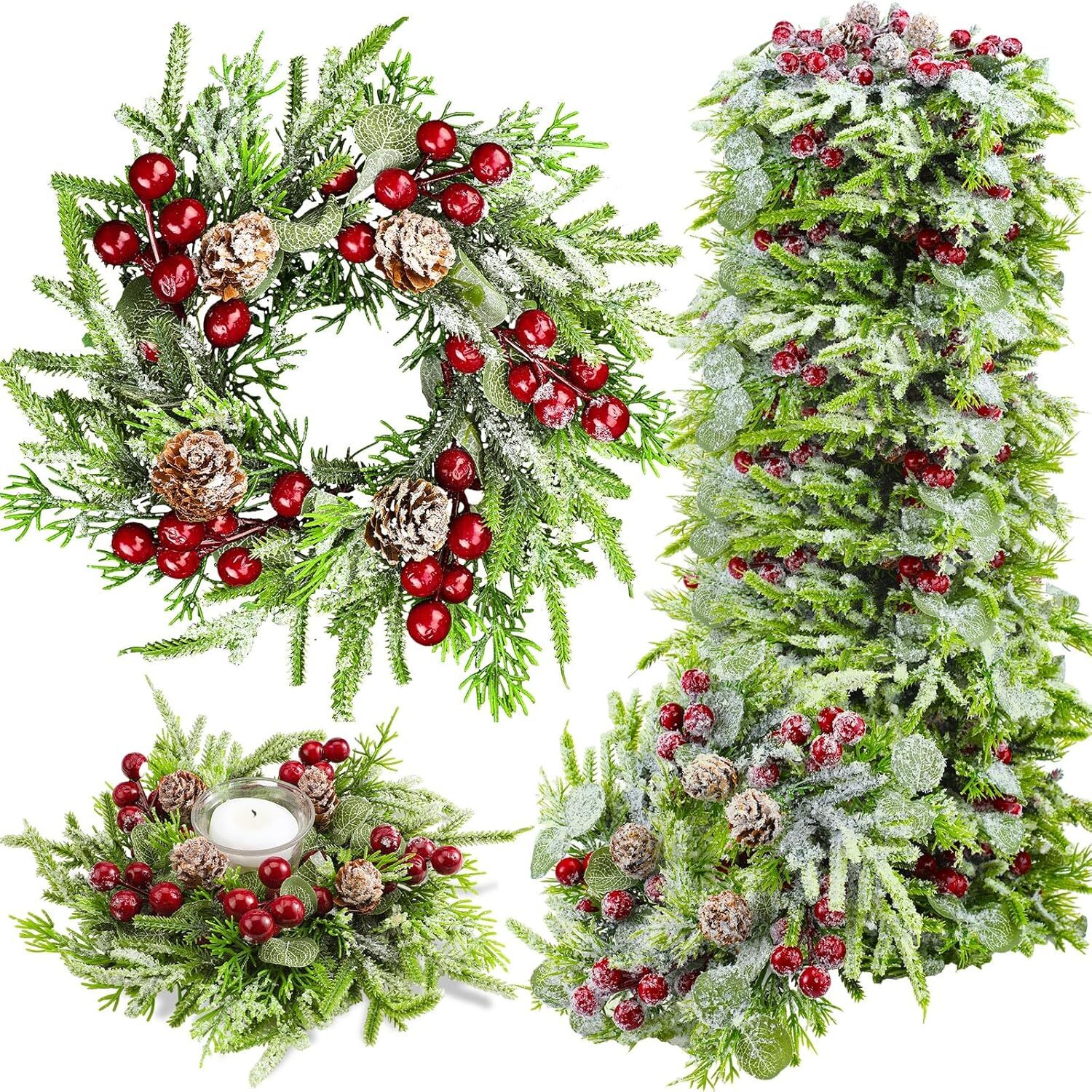 24 Pcs Christmas Candle Rings Wreath Norfolk Pine Garland Red Berry Pinecones