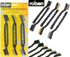 Rolson 6PC Hand Wire Brush Set 175mm Long With Nylon, Brass & Steel Bristles