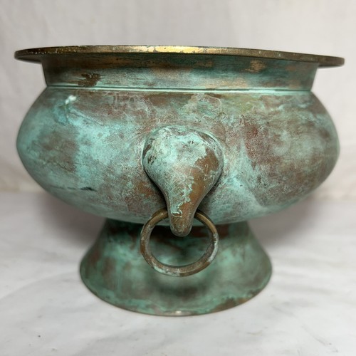 Vintage Solid Brass Planter 2 Handles Verdigris Cauldron Situla Censer Rustic